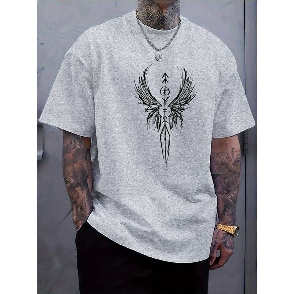 100% Pure Cotton Men's Summer Fashion Wings Graphic Print Casual Multifunctional Short Sleeved T-shirt Top