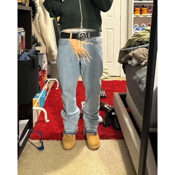 Men's Jeans Y2K Gothic Hip Hop Palm Print Baggy Haruku Fashion Men Women Streetwear High Waist Denim Pants Vintage-image
