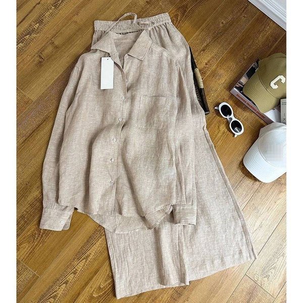 Women's Linen-Blend Polo Shirt & Wide-Leg Pants Set – Breathable Summer Outfit In Beige, White & Navy | Relaxed Fit With Korean Aesthetic-image