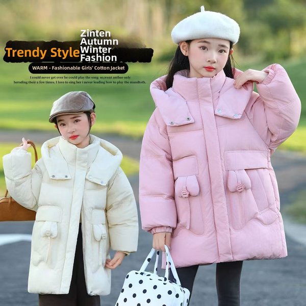 New Korean Style Thickened Cotton Padded Jacket for Children Winter Warm Mid-Length Coat Stylish Trendy for Girls Ages 3-7