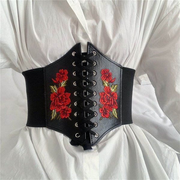 Rose Embroidered Belt French Wide Waist Seal Elastic Elastic Waist Black Vintage Women's Decorative Dress Fashion-image