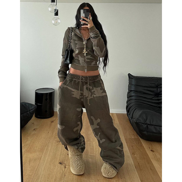 Women's Clothing Camouflage Contrast Color Hooded Zipper Sweatshirt + Loose Large Version Sweatpants Casual Two Piece Suit-image