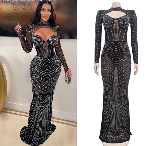 Women's Solid Color Hot Diamond Mesh Long-sleeved V-neck Dress For Women