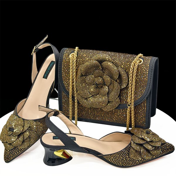 Women Shoe Bag Set Black Gold Pointed Toe High Heels Matching Square Shoulder Flower Decoration Women S Shoes And Bag Set