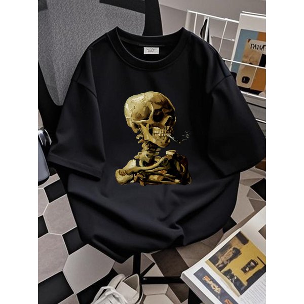 VAN Gogh T Shirt Skull Of A Skeleton With Burning Cigarette Impressionism Art Vincent Versatile Graphic Fashion Comfortable Top For Everyday Wear-image