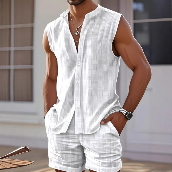 Men's Clothing European And American Summer New Fashion Men's Casual Stand Up Collar Cardigan Vest Shorts Sports Men's Thin Suit-image