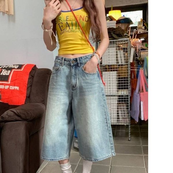 Vintage High-Waisted Denim Shorts For Women – Distressed Washed Wide Leg Cropped Pants, Casual Streetwear, Summer Comfort