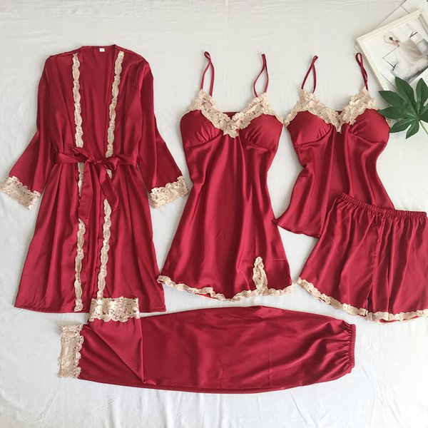 Women's Sleepwears Silk Pajamas, Five Piece Sexy Lingerie Set, Sexy Ladies Home Wear With Suspenders Sleeping Clothes-image