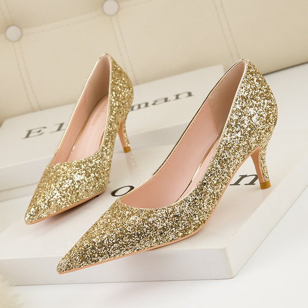 869-7 European and American style fashionable and sexy nightclub slimming stiletto high heels banquet shallow mouth pointed toe shining sequin shoes