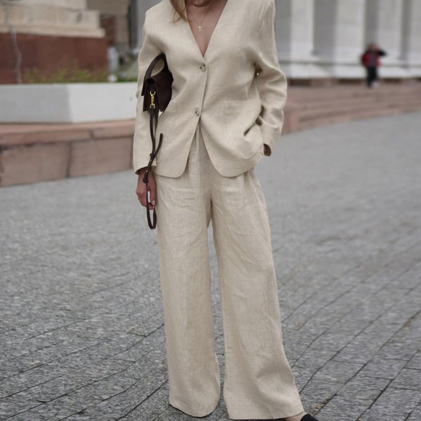 Women's Clothing New Fashion Solid Color Cotton And Linen Suit V Neck Loose Coat High Waist Wide Leg Pants Casual Two Piece Suit