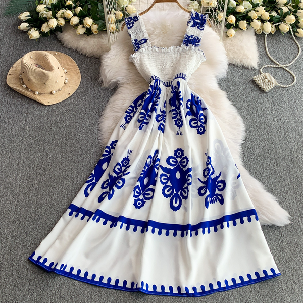 Women’S Clothing Summer New Design Sense Wood Ear Edge Sleeveless Suspender Dress Women's Print Waist Slim Long Skirt-image