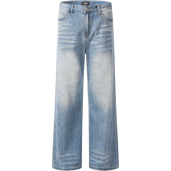 Men's Clothing American High Street Washed Gradient Denim Trousers Men's Distressed Loose Daddy Pants Versatile Casual Wide Leg Straight Pants