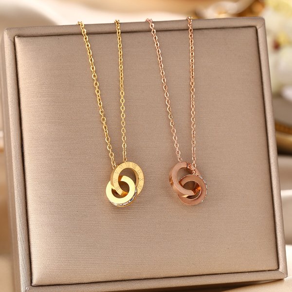 Trendy Titanium Steel Necklace For Women Double Ring Inlaid With Dias Roman Numerals Pendant Fashionable Elegant-image