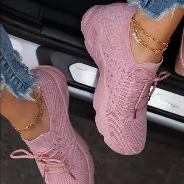 Women’s Shoes Large Size Sports Shoes For Women Spring New Thick Soled Solid Color Lace Up Fly Knit Slip On Dad Shoes