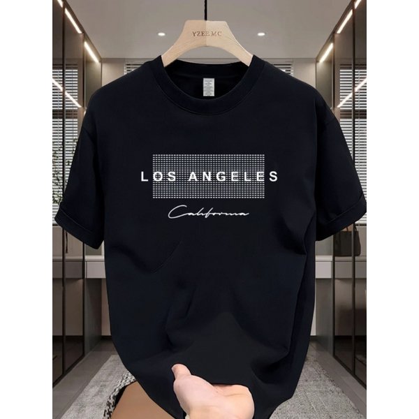 100% Pure Cotton Men's Spring And Autumn Fashion Short Sleeved Los Angeles Graphic Printed Casual Slim Fit Versatile Top-image