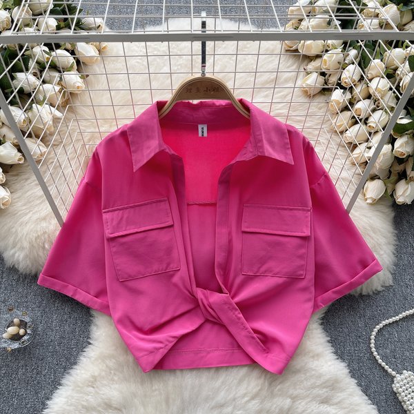 Women's Clothing Sweet Cool Hot Girl Style Lapel Short-Sleeved Shirt Women's Summer V-Neck Twisted Design Sense Beautiful Niche Pure Desire Navel Top-image
