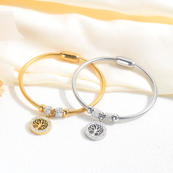Hollow Tree Flower Bracelets For Women Stainless Steel Crystal Charm Bracelets Magnet Bangles Jewelry-image