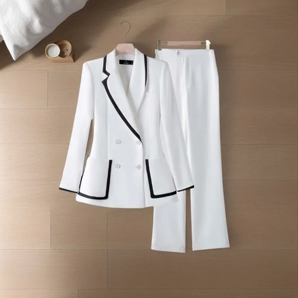 Women's Clothing High grade commuting long sleeved suit set white splicing fashionable female sister slim professional suit