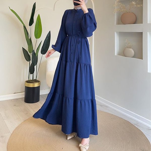 Women's Clothing Autumn Round Neck Long Sleeve Single Breasted High Waist Stitching Dress-image