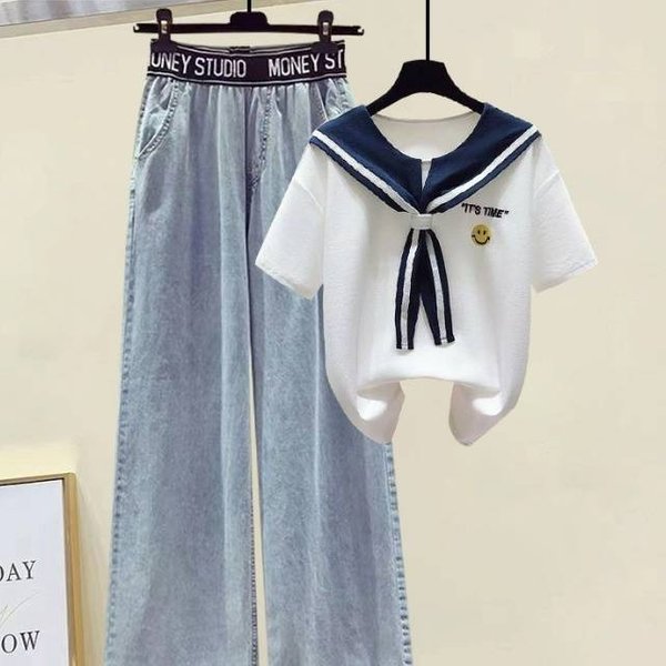 Women's Clothing New Niche Shawl Contrast Color Short Sleeved T Shirt Female Retro Elastic Waist Jeans-image