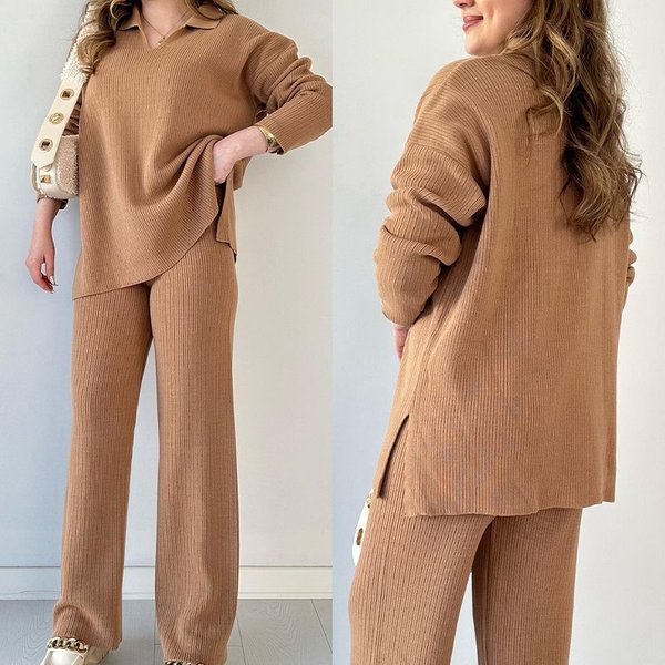 Women's fashion solid color loose hem slit sweater two-piece set