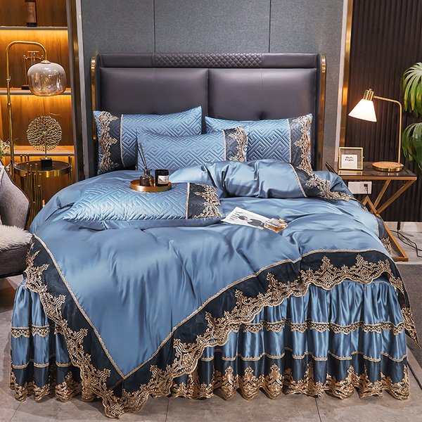 Light Luxury Ice Silk Quilted Bed Skirt Four Piece Set Satin Quilt Cover Bedspread Silky Lace Bedding-image