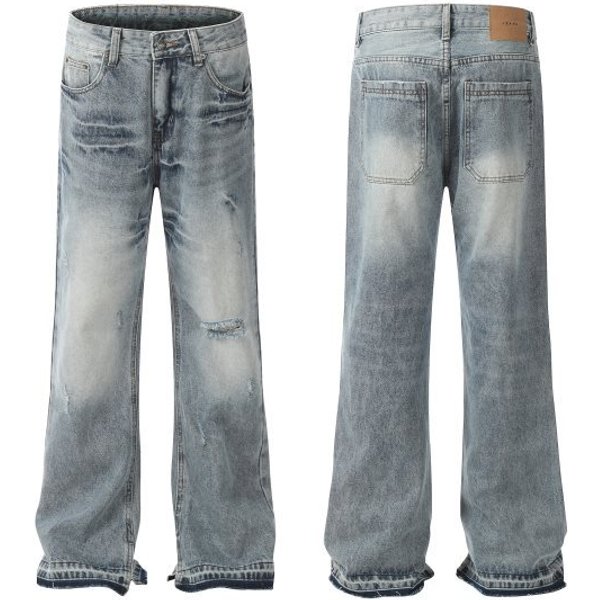 Men's Clothing High Street Washed Loose Wide Leg Large Hole Silhouette Flared Stacked Jeans Jeans-image