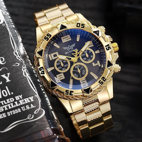 Explosions Blue Glass Men's Watch Steel Band Quartz Watch Digital Scale Three-Eye Watch-image