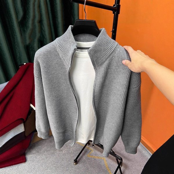 Men's Slim Fit Double Zipper Cardigan – Stand Collar Knit Sweater Jacket (Black/Red/Grey/Apricot, M-3XL)-image