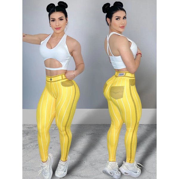 Imitation denim line printed yoga pants high waist sexy trendy sports fitness pants for women
