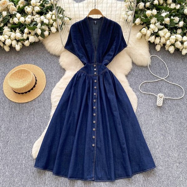 Women's Clothing Summer Deep V-Neck Tight Waist-Breasted Slim-Fit Pleated Casual Denim Skirt-image