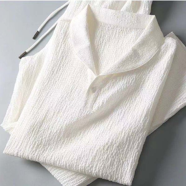 Men's Fashion Trend Pleated Two-Piece Suit Men's Cotton And Linen Short-Sleeved T-Shirt Green Collar White Casual Sports Suit-image