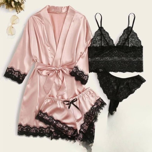 Women's Sleepwears New Women's Pajamas 4 Piece Lace Satin Suspender Pajamas Women's Summer Suit With Nightgown And Nightdress-image