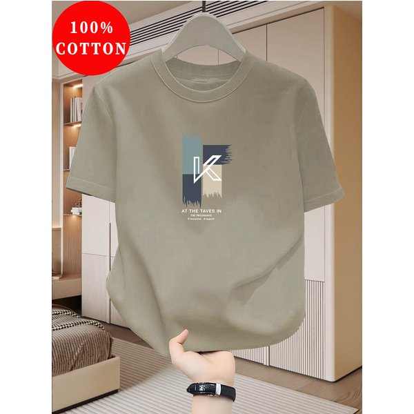 100% Pure Cotton Men's Summer Fashion Abstract Letter Pattern Print Loose Multi-functional Short Sleeved T-shirt Top
