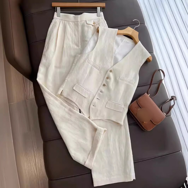 New Cotton And Linen Fashion Design Temperament Suit Vest Wide-Leg Pants Two-Piece Suit Ins Old Money Trend-image