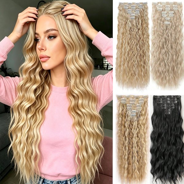 Clip In Long Wavy Synthetic Hair Extension 24 Inch Blonde With Light Blonde Tips Thick Hairpieces Natural Soft Synthetic Fiber Double Weft For Women-image