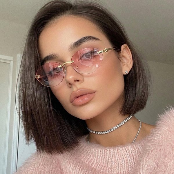 Frameless Oval Small Frame For Women New High-End Trendy Retro Sunglasses Classic Versatile Decorative Glasses