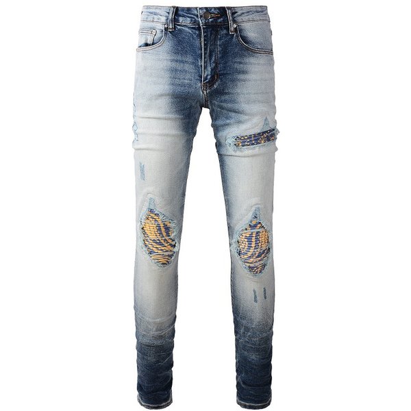 Men's Clothing cat whisker wrinkled yellow patch ripped elastic slim fit skinny jeans