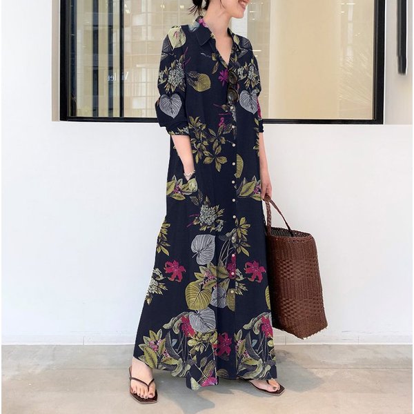 Women's Casual Cotton And Linen Printed Lapel Long Sleeve Pocket Simple Loose Casual Long Shirt Dress-image