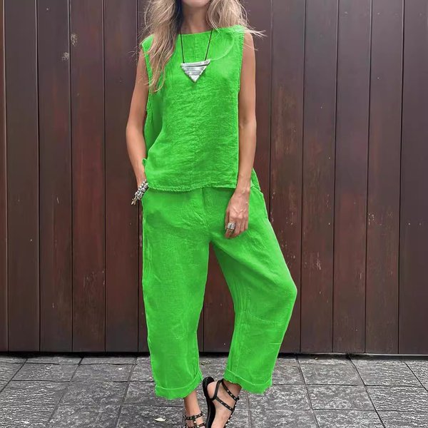Women's Clothing New Cotton And Linen Fashion Casual Loose Two-Piece Sleeveless Top Loose Trousers Women's Suit-image