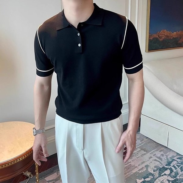 Men's Clothing Collared Knit Short Sleeved T Shirt Men's Slim Fit Collar Short Sleeve Knit T-Shirt – Contrast Trim, Breathable Cotton Blend For Summer-image