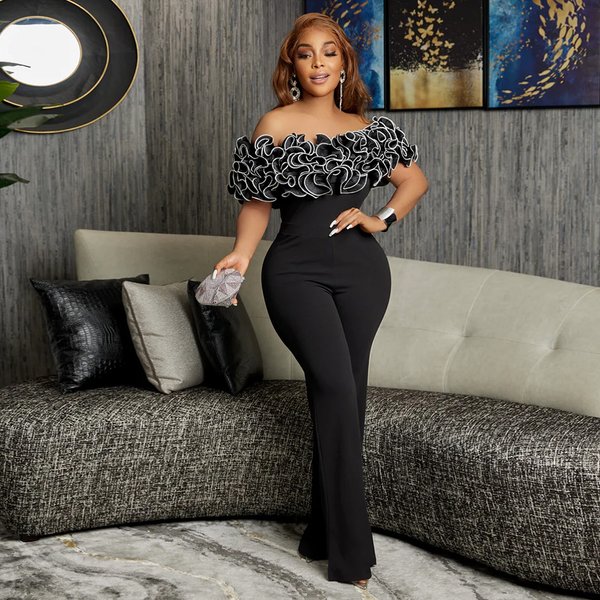 Women's Clothing Sexy Tight One-Line Collar Ruffled Lace Jumpsuit-image