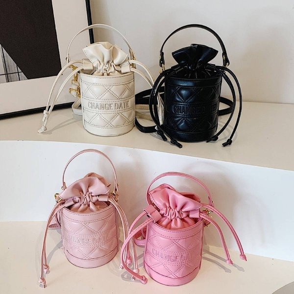 Women's Embroidered Letter Bucket Bag Drawstring Closure Handbag Makeup Crossbody Small Bag Fashionable Portable Tote-image