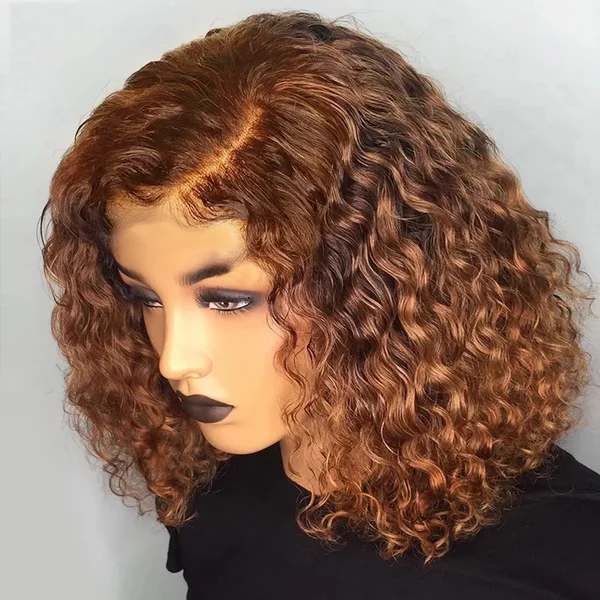 13x4 Lace Deep Wave Bob Wig Lace Front Double Drawn Brown Curly Human Hair Wig Short Remy Hair 4# Bob Straight Wig For Women