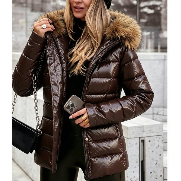 Women's Clothing Fitted Cropped Padded Jacket With A Large Faux-fur Collar And Hood – Warm Outerwear (In Stock)