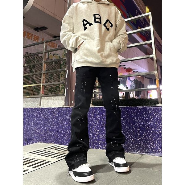 High Street Trendy Brand Splashed Ink Micro Flared Jeans Men's American Retro Vibe Style Loose Straight Casual Mopping Trousers