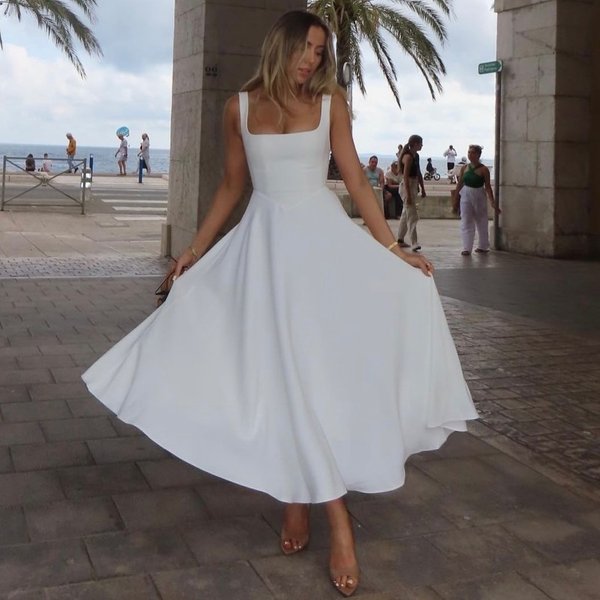 Cross-border Foreign Trade 2025 Spring-summer New European And American Women's Fashion Elegant Solid Color Square-neck