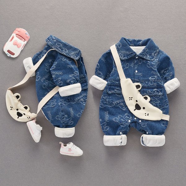 Mother & Kids Internet Celebrity Full Month Baby Clothes Spring Clothes Denim Jumpsuit Baby Boy Romper Stylish Spring Outing Clothes-image