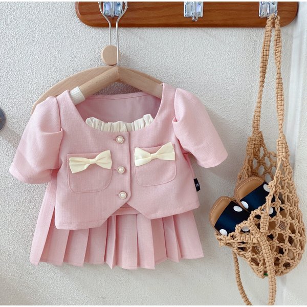 Kids Clothing Girls Clothing Small Bowknot Short Sleeves Plus Pleated Skirt Two Piece Set
