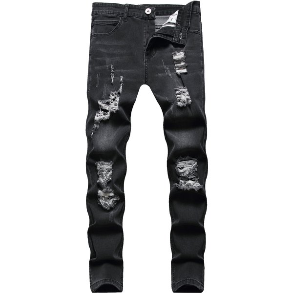 Men's Slim Fit Ripped Jeans - Vintage Washed Stretch Denim Pants For Casual Streetwear (Black)